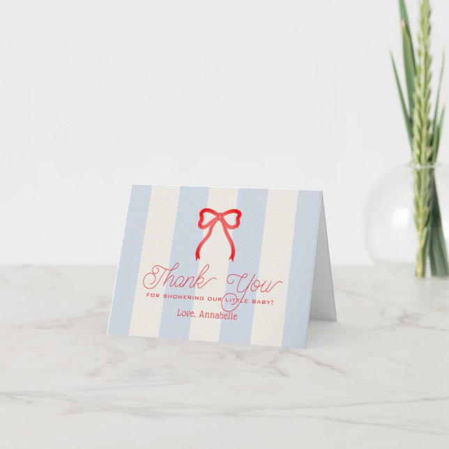 Röd rosett & blekblå ränder Baby Shower Tacksamhet Tack Kort (Framsida)