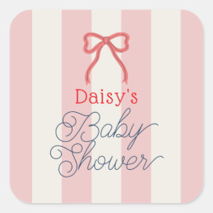 Röd rosett & Rosa ränder Baby Shower Fyrkantigt Klistermärke