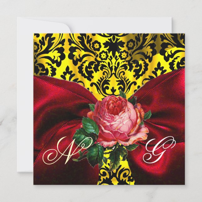 RÖD ROSRIBBA GULD GUL SVART DAMAST MONOGRAM INBJUDNINGAR (Framsida)