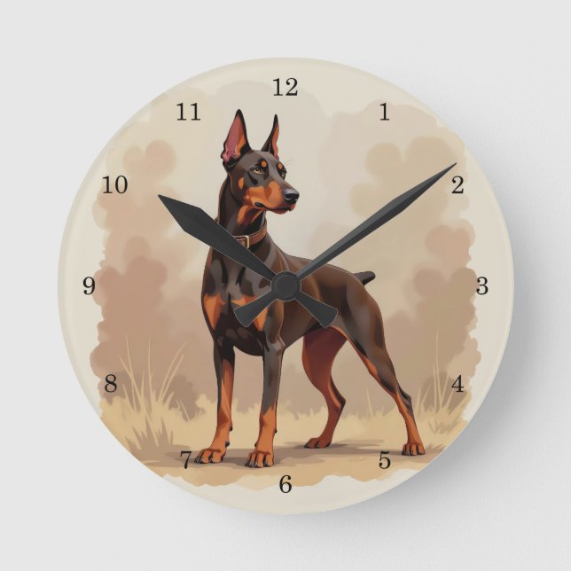 Röd Rost Brun Dobermann Pinscher Hund Rund Klocka (Framsida)