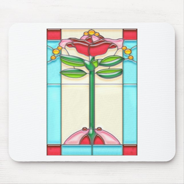 Röd rosträdmålat glass i art décostil musmatta (Framsidan)