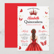 Röd Royal Fjäril Quinceañera-inbjudan