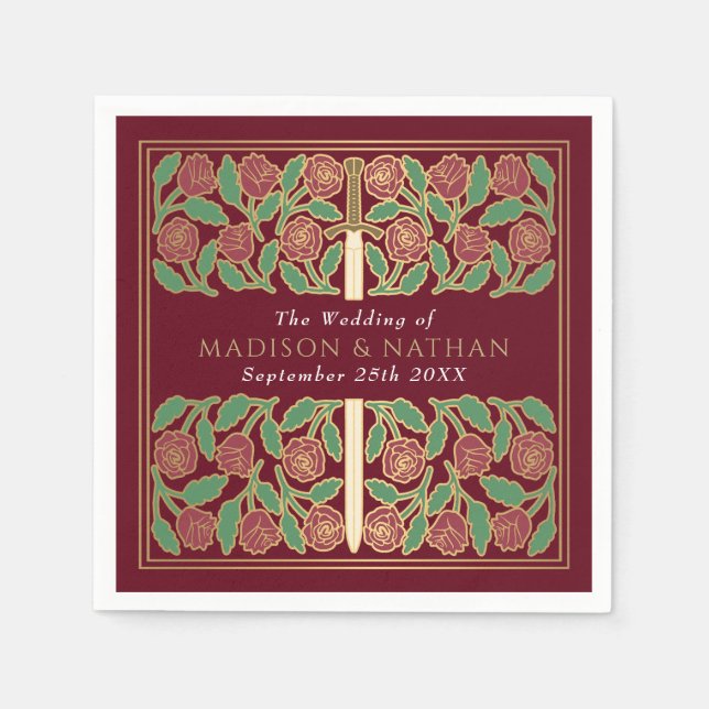 Röd Royal Medeltida Guld Blommig Svärd Bröllop Pappersservett (Framsidan)