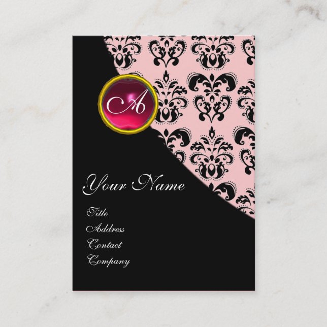 RÖD RUBIN DAMASK MONOGRAM fuchsia rosa Visitkort (Framsida)