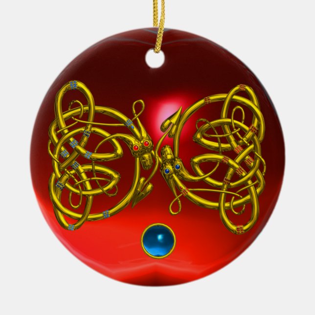 Röd Ruby för DRAKEKÄRLEKHJÄRTA och blåttsafir Julgransprydnad Keramik (Framsidan)