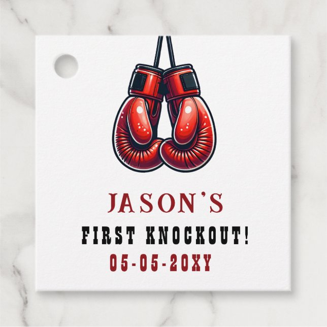 Röd Rumble Första Knockout Boxning Födelsedag Gåvor Etiketter (Framsida)