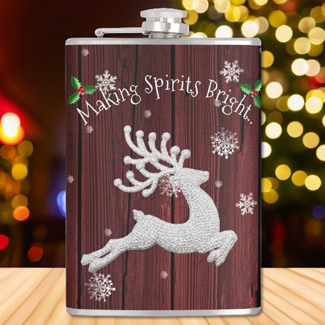 Röd rustik julrengerkolv fickplunta (Red Rustic Christmas Reindeer Flask)