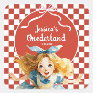 Röd Rutig Alice i ENDRIGLAND 1-årsdag Fyrkantigt Klistermärke