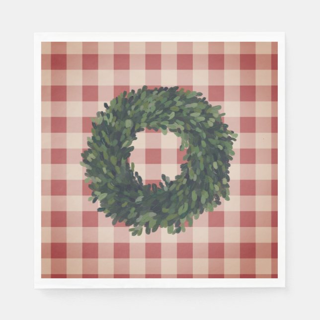 Röd rutig buxbomskrans lantlig stil pappersservett (Framsidan)
