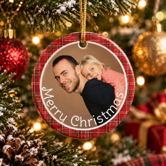 Röd rutig gingham familjefoto God Jul Julgransprydnad Keramik
