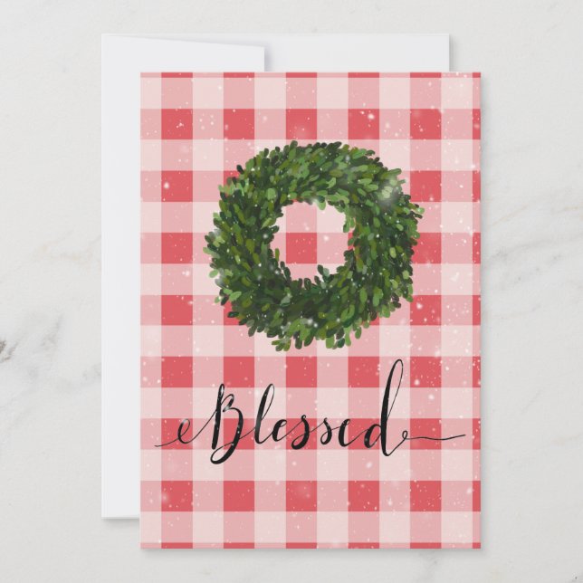 Röd rutig gingham jul snökrans julkort (Framsida)
