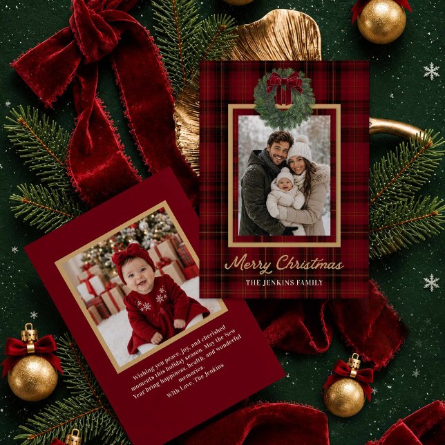 Röd rutig God Jul fotogryningskort Inbjudningar (Merry Christmas Red Plaid Two Photo Greeting Card)
