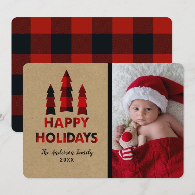 Röd rutig God Jul Julgranar Kraftpapper Inbjudningar (Fram/baksida)