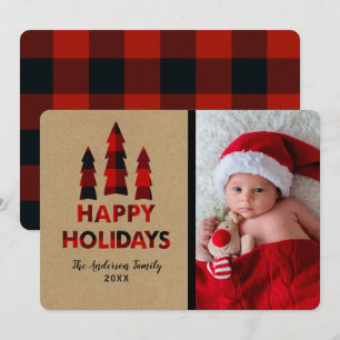 Röd rutig God Jul Julgranar Kraftpapper Inbjudningar