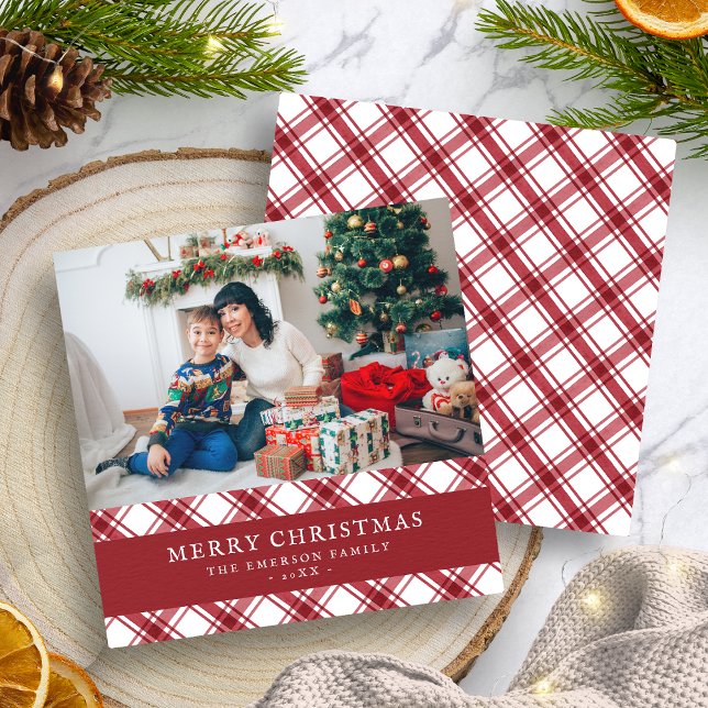 Röd rutig God Jul platt julkort (Red Plaid Merry Christmas Flat Holiday Card
)