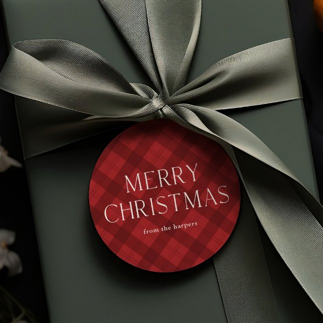 Röd Rutig God Jul Present Gåvor Etiketter (Modern red plaid rustic merry Christmas gift tag.)