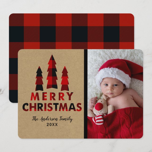 Röd rutig God Jul Träd Kraft Högtid Inbjudningar (Fram/baksida)