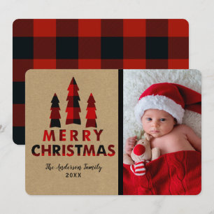 Röd rutig God Jul Träd Kraft Högtid Inbjudningar