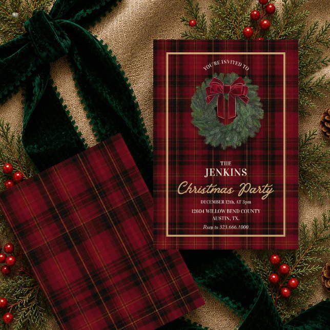 Röd rutig julfestinbjudan inbjudningar (Plaid and Wreath Christmas Party Invitation)