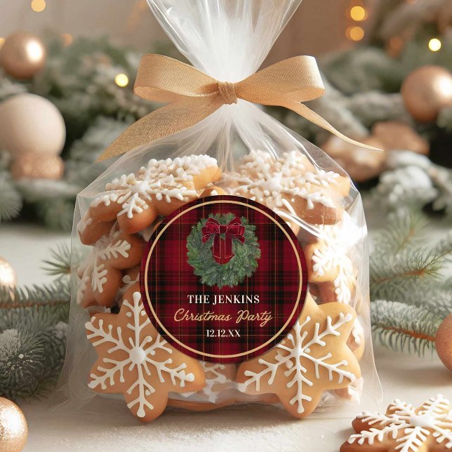 Röd rutig julfestpresent klistermärke (Red Plaid with wreath Christmas favor stickers)
