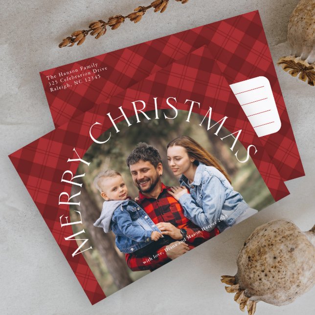 Röd rutig modern välkommen jul fototillägg  helg vykort (Red Plaid Arch Photo Chrismtas Holiday Postcard.)