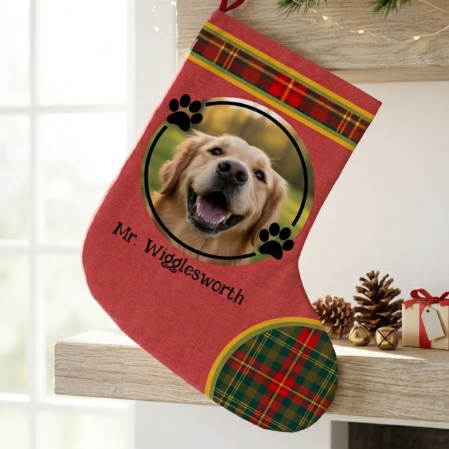 Röd Rutig Tartan Julpresent För Hundälskare Stor Julstrumpa (Red plaid tartan holiday stocking for dogs)