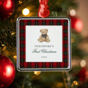 Röd rutig teddybjörn bebis första jul julgransprydnad metall