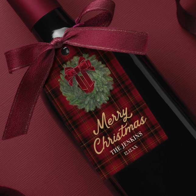 Röd rutmönstrad God Jul Förmånsetikett Presentetikett (Red Plaid Merry Christmas Wine Label Sticker)