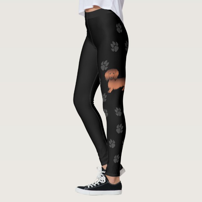Röd Sabel Långhårig Dachshund Tecknad Hund & Tassa Leggings (Vänster)