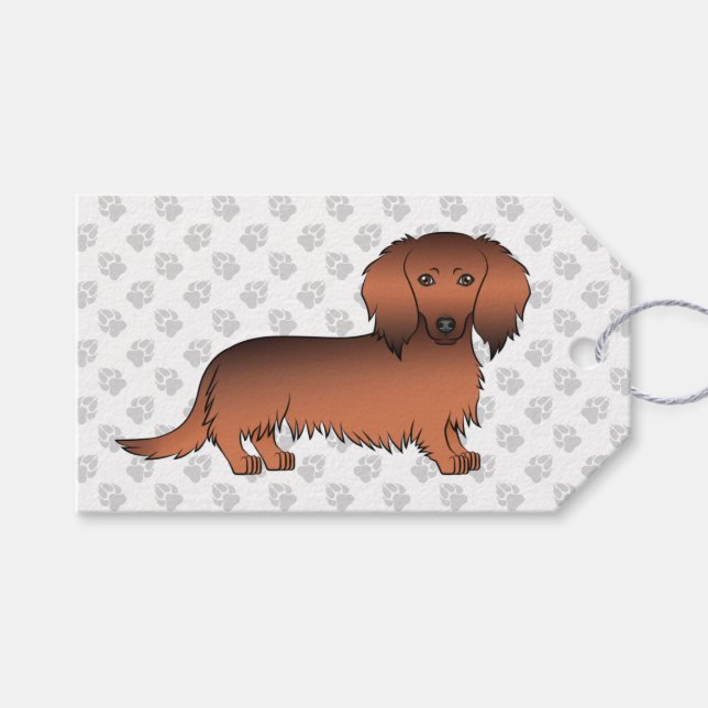 Röd Sabel Långhårig Dachshund Tecknad Hund & Tassa Presentetikett (Framsidan (Horisontell))