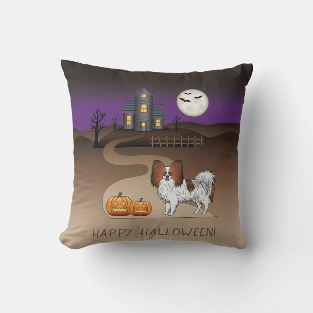 Röd Sabel Papillon Hund Och Halloween Spökhus Kudde (Framsida)
