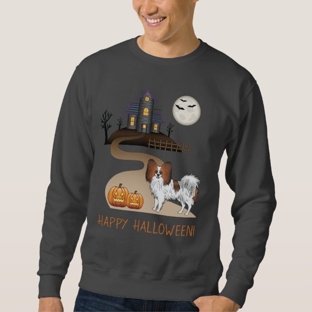 Röd Sabel Papillon Och Halloween Spökhus Lång Ärmad Tröja (Framsida)