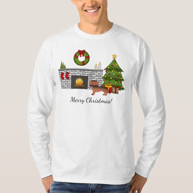 Röd Sabel Slät Päls Dachshund i Julrum T Shirt (Framsida)