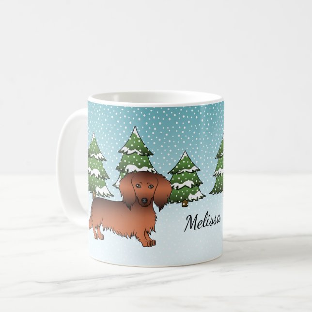 Röd Sable Långhårig Dachshund Hund - Vinter Skog Kaffemugg (Framsida vänster)