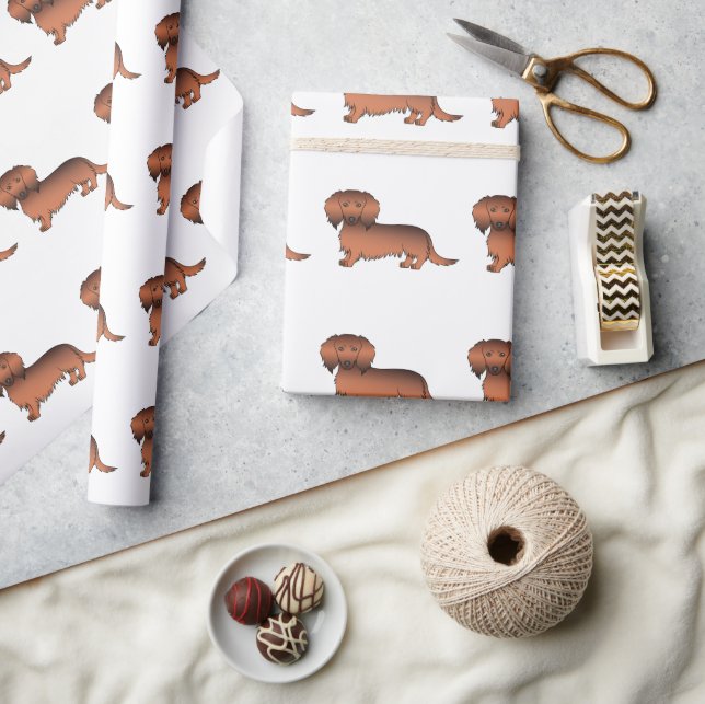 Röd Sable Långhårig Dachshund Tecknad Hund Mönster Presentpapper (Hantverk)
