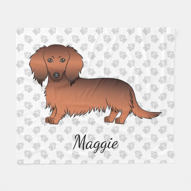 Röd Sable Långhårig Dachshund Tecknad Hund & Namn Fleecefilt (Framsidan (Horisontell))