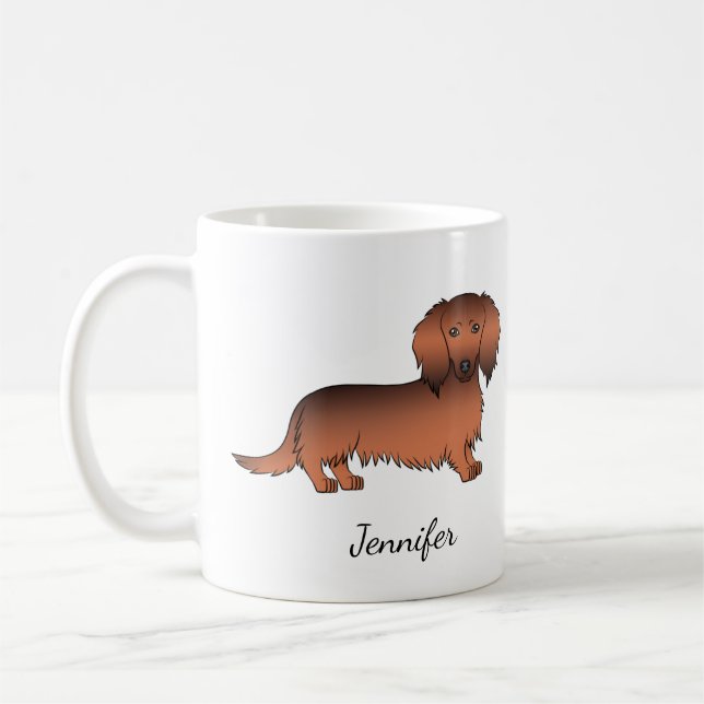 Röd Sable Långhårig Dachshund Tecknad Hund & Namn Kaffemugg (Vänster)