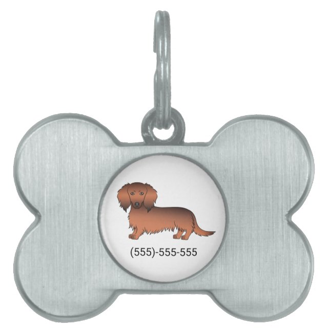 Röd Sable Långhårig Dachshund Tecknad Hund & Numme ID-bricka Husdjur (Framsidan)