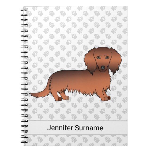 Röd Sable Långhårig Dachshund Tecknad Hund & Text Anteckningsbok (Framsidan)