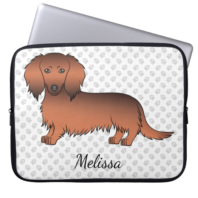 Röd Sable Långhårig Dachshund Tecknad Hund & Text Laptop Fodral (Framsidan)