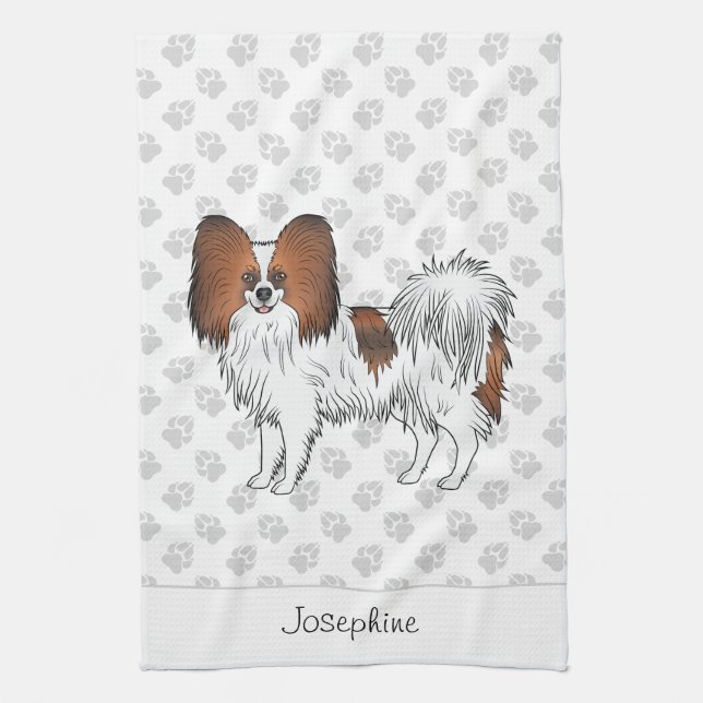 Röd Sable Papillon Hund Med Tassar Och Text Kökshandduk (Vertikal)