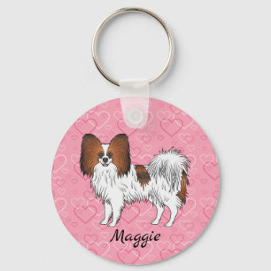 Röd Sable Papillon Söt Tecknad Hund På Rosa Hjärta Nyckelring