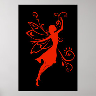 Röd sagolik silhuett av fe Elegant bevingad fantas Poster