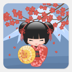 Röd Sakura Kokeshi docka - gullig Geishaflicka Fyrkantigt Klistermärke