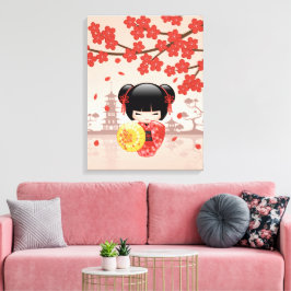 Röd Sakura Kokeshi-docka - Japansk geisha Canvastryck
