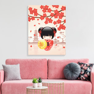 Röd Sakura Kokeshi-docka - Japansk geisha Canvastryck