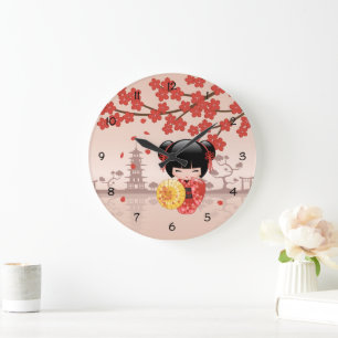 Röd Sakura Kokeshi-docka - Japansk geisha Stor Klocka