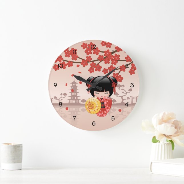 Röd Sakura Kokeshi-docka - Japansk geisha Stor Klocka (Hem)