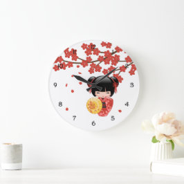 Röd Sakura Kokeshi-docka - Japansk geisha Stor Klocka