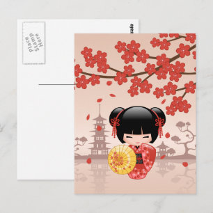 Röd Sakura Kokeshi-docka - Japansk geisha Vykort
